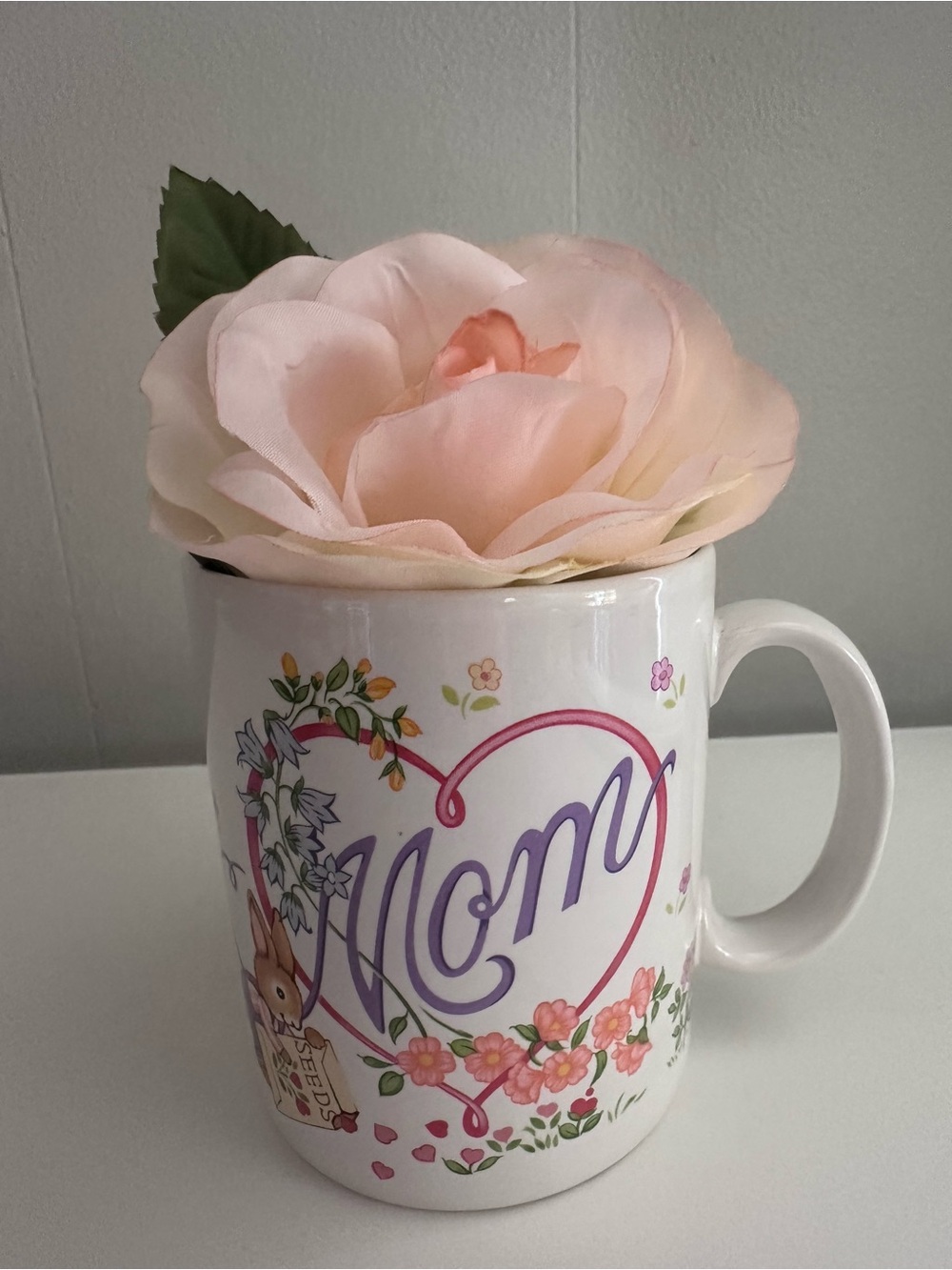 Mom Floral Heart Ceramic Mug and Rose Brooch - Vintage Avon
